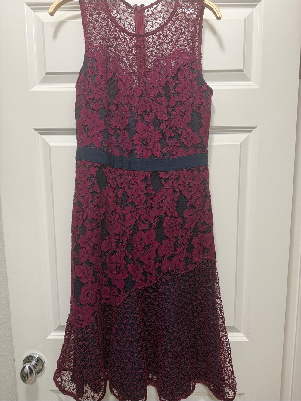Adelyn Rae Burgundy Lace Dress with Navy Waistband
